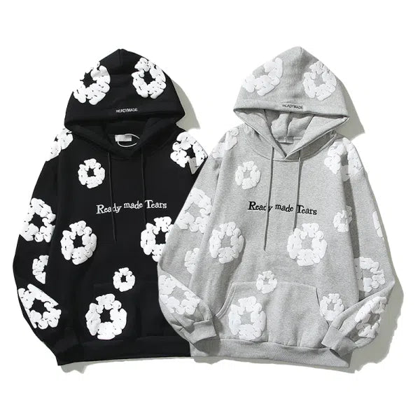 Three-dimensional foam cotton flower print graffiti unisex embroidered hooded sweatshirt