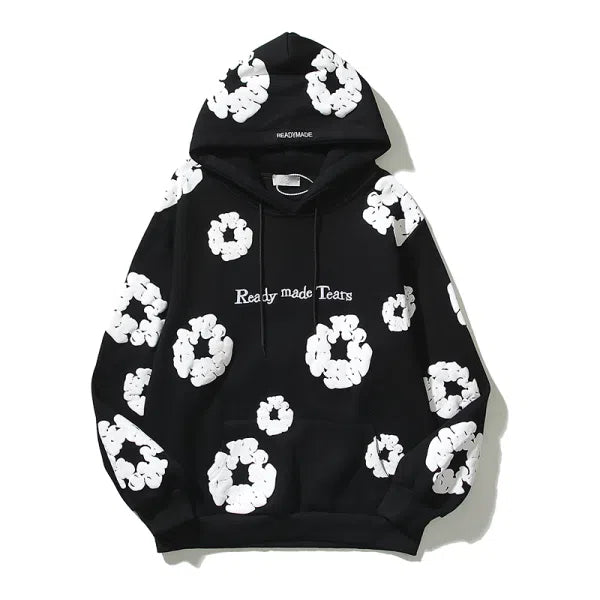 Three-dimensional foam cotton flower print graffiti unisex embroidered hooded sweatshirt