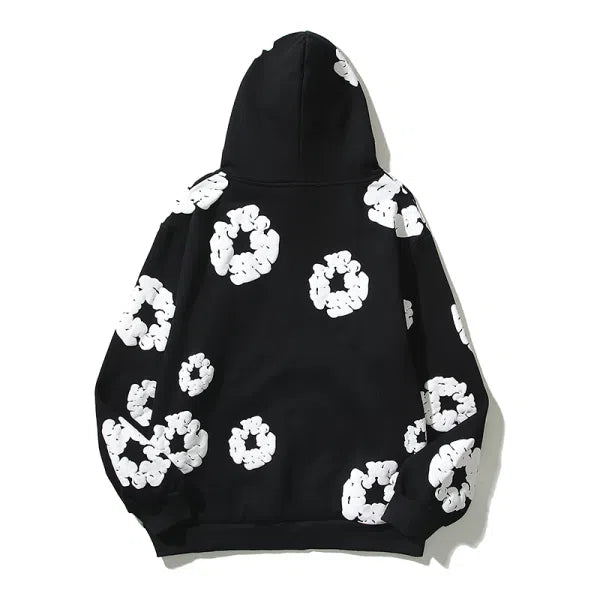 Three-dimensional foam cotton flower print graffiti unisex embroidered hooded sweatshirt
