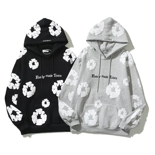 Three-dimensional foam cotton flower print graffiti unisex embroidered hooded sweatshirt