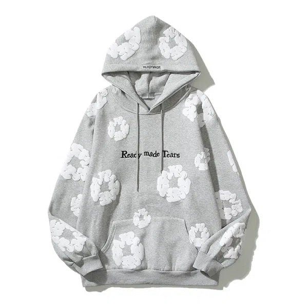 Three-dimensional foam cotton flower print graffiti unisex embroidered hooded sweatshirt